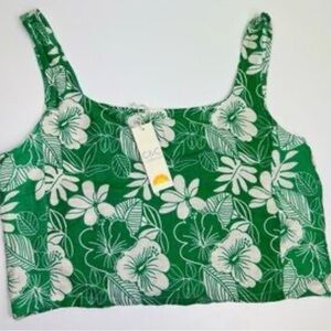 C&C California Green Hibiscus Tropical Linen Blend Crop Top - Small